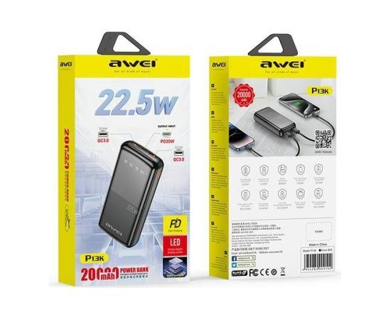 Awein P13K Power Bank 22.5W Ārējas uzlādes baterija 20000mAh