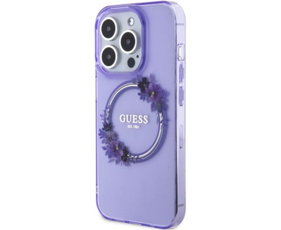 Guess PC|TPU Flowers Ring Glossy Logo MagSafe Korpuss iPhone 15 Pro violets