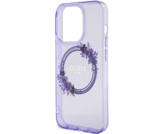 Guess PC|TPU Flowers Ring Glossy Logo MagSafe Korpuss iPhone 15 Pro violets