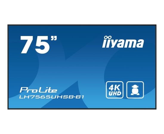 Monitor iiyama iiyama LH7565UHSB-B1 signage display Kiosk 189,2 cm (74.5") LED Wi-Fi 800 cd/m² 4K Ultra HD Czarny Procesor wbudowany Android 11 24/7