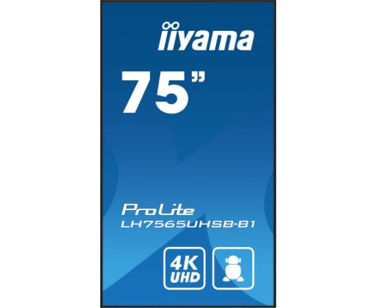 Monitor iiyama iiyama LH7565UHSB-B1 signage display Kiosk 189,2 cm (74.5") LED Wi-Fi 800 cd/m² 4K Ultra HD Czarny Procesor wbudowany Android 11 24/7