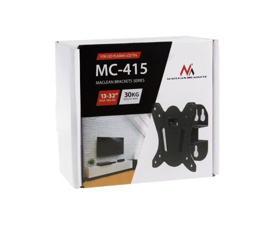 Maclean MC-415 TV Monitor Wall Mount 13"-32" 30kg Tilt Rotate max. VESA 100x100 30kg Black Slim Universal Powder Coated