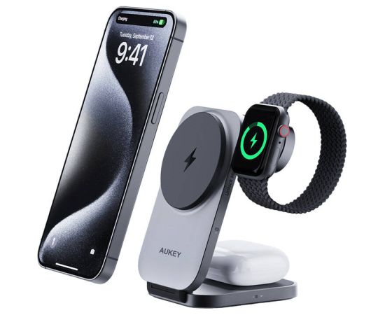 Magnetic Wireless Charger 3 in 1 MagFusion Aukey LC-MC312, 15W Qi2 (gray)