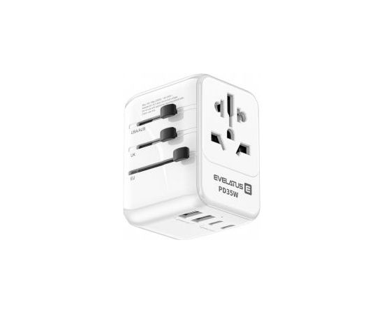 Evelatus Universal  35W World Travel Adapter 1PD&2Type-C&2USB Charger White