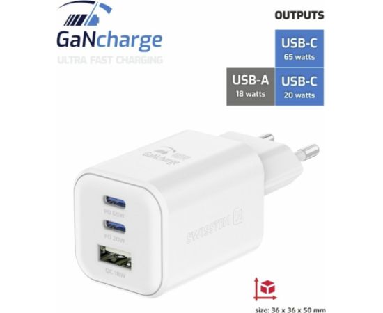 Swissten Travel Tīkla Lādētājs GaN 2x USB-C / PD USB-A / 18W QC / 65W