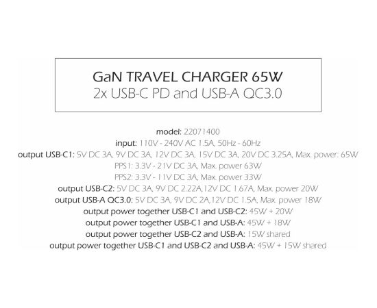 Swissten Travel Tīkla Lādētājs GaN 2x USB-C / PD USB-A / 18W QC / 65W