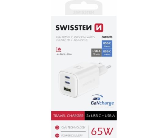 Swissten Travel Tīkla Lādētājs GaN 2x USB-C / PD USB-A / 18W QC / 65W