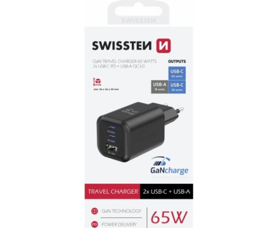 Swissten Travel Tīkla Lādētājs GaN 2x USB-C / PD USB-A / 18W QC / 65W