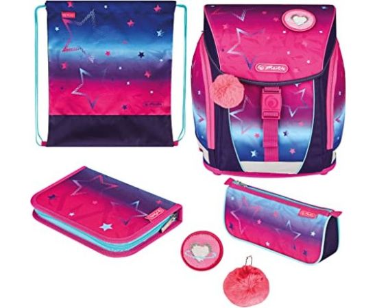 Herlitz FiloLight Plus Pink Stars, school bag (pink/purple, incl. filled 16-piece school case, pencil case, sports bag)