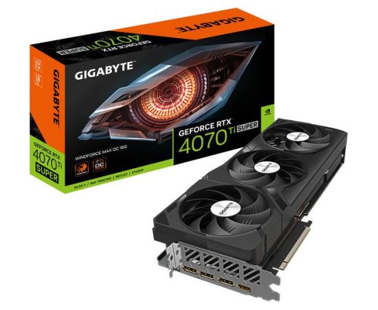 Graphics Card GIGABYTE NVIDIA GeForce RTX 4070 Ti SUPER 16 GB GDDR6X 256 bit PCIE 4.0 16x GPU 2655 MHz Triple slot Fansink 1xHDMI 3xDisplayPort GV-N407TSWF3MAXOC-16GD