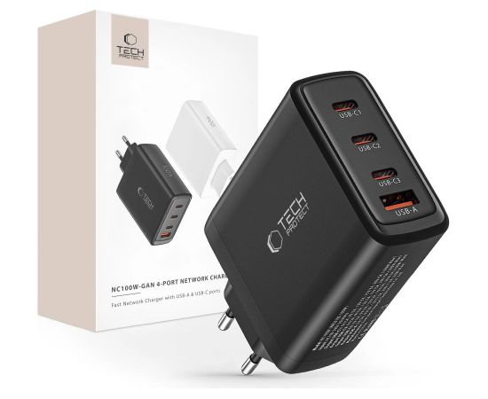 Сетевое зарядное устройство Tech-Protect NC100W-GAN GaN 3x USB-C PD 100 Вт | USB-A QC 3.0 - черный