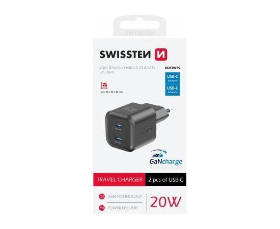 Swissten GaN PD 2x USB-C Tīkla Lādētājs 20W