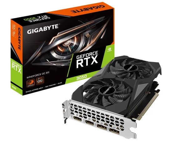 Graphics Card GIGABYTE NVIDIA GeForce RTX 3050 6 GB GDDR6 96 bit PCIE 4.0 16x Memory 14000 MHz GPU 1477 MHz Dual Slot Fansink 2xHDMI 2xDisplayPort GV-GV-N3050WF2OC-6GD_1.0