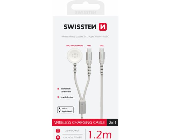 Swissten 2in1 Беспроводное Зарядное Устройство Для Apple Watch и USB-C / USB-C / 1.2m