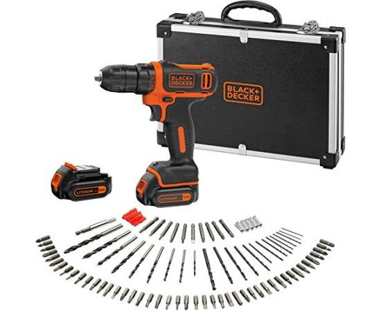 Black&decker BLACK + DECKER Cordless Drill BDCDD12BAFC, 10,8Volt (black / orange, suitcases, 2x Li-Ion battery 1.5Ah, 100-piece accessory kit)