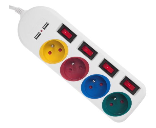 Maclean power strip, extender 4 sockets + 2xUSB, with switches, 250VAC/10A, 2.1A 5V, 1.5m, white, MCE229 W