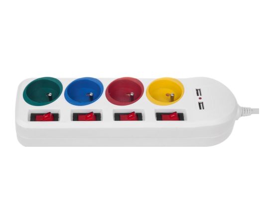 Maclean power strip, extender 4 sockets + 2xUSB, with switches, 250VAC/10A, 2.1A 5V, 1.5m, white, MCE229 W