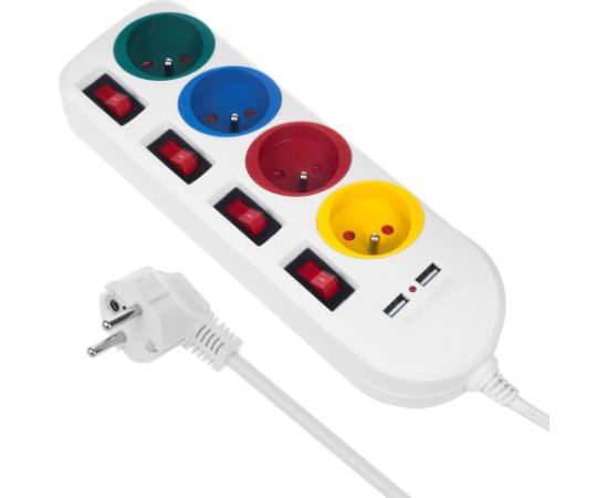 Maclean power strip, extender 4 sockets + 2xUSB, with switches, 250VAC/10A, 2.1A 5V, 1.5m, white, MCE229 W