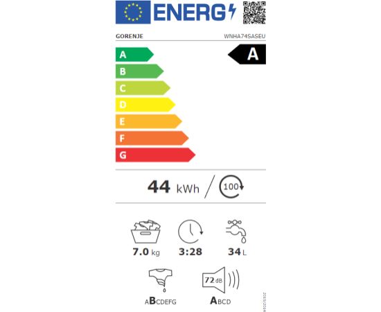 Gorenje WNHA74SASEU Veļas mašīna 7kg 1400rpm ExtraHygiene DrumClean AddClothes