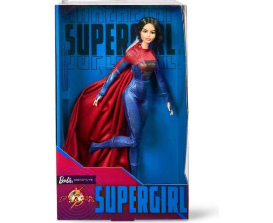 Barbie Supergirls в красно-синем костюме с накидкой в ​​комплекте с подставкой для куклы (HKG13)