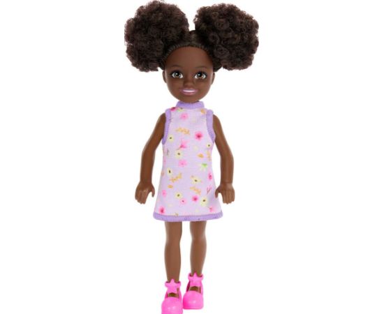 Mattel Barbie: Chelsea with Purple Floral Dress, Space Buns  Brown Eyes (Dark Skin) Doll (HXM96)