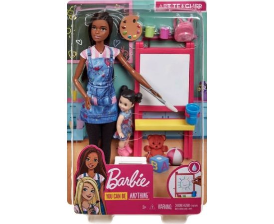 Mattel Barbie You Can be Anything - Dark Skin Doll Art Teacher with Brunette kid Doll (GJM30)