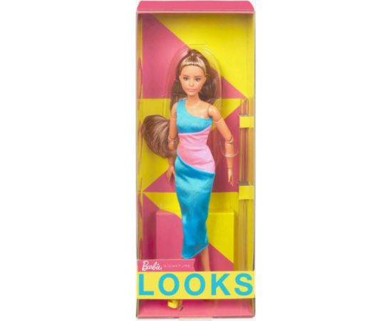 Mattel Barbie Signature Looks: Short Doll with Brunette Ponytail Turquoise/Pink Dress Model #15 (HJW82)