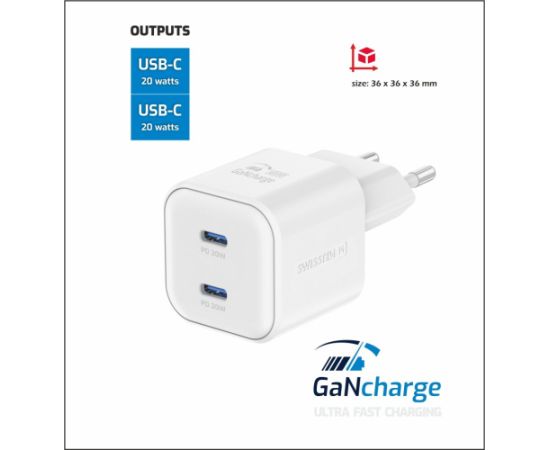 Swissten GaN PD 2x USB-C 3арядное устройство 20W