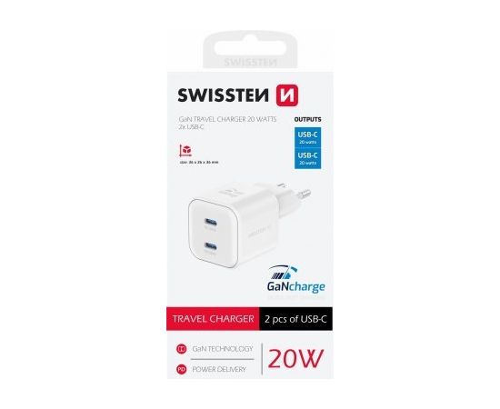 Swissten GaN PD 2x USB-C 3арядное устройство 20W