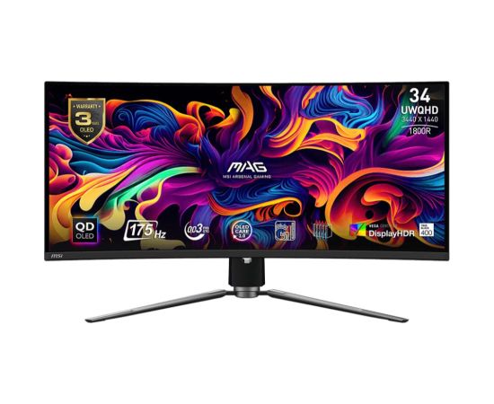 LCD Monitor MSI 34" Curved/21 : 9 Panel QD-OLED 3440x1440 21:9 175Hz Matte 0.03 ms Swivel Height adjustable Tilt Colour Black MAG341CQPQD-OLED