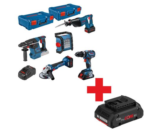 Bosch 5-piece 18-volt tool set, GSB + GWS + GBH + GSA + GLI, ProCORE (blue, 3x Li-Ion battery ProCORE18V, 2 XL-BOXXes)