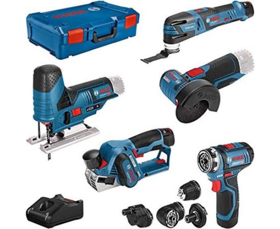 Bosch 5-piece 12-volt tool set, GSR + GOP + GHO + GWS + GST (blue, 3x Li-ion battery, XL-BOXX)