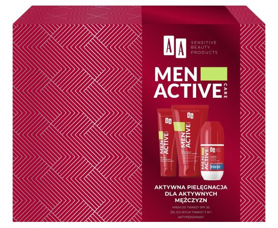 AA_SET Men Active antyperspirant roll-on 50ml + krem do twarzy 50ml + peeling do twarzy 150ml