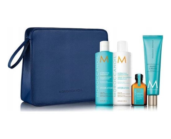 MOROCCANOIL_SET Luminous Wonders Hydrating Shampoo nawilżający szampon do włosów 250ml + Hydrating Conditioner nawilżająca odżywka do włosów 250ml + Treatment odżywcza kuracja do włosów 25ml + Hand Cream krem do rąk 100ml + kosmetyczka