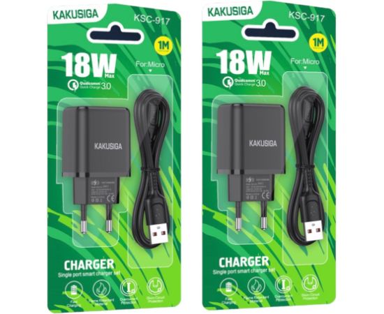 KAKUSIGA KSC-917 lādētājs | 18W | 3A + USB-C kabelis 1m melns