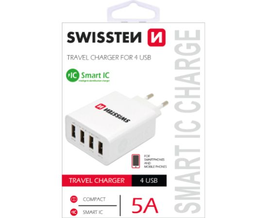 Swissten Smart IC Сетевое зарядное устройство USB 4x 2.1A / 25W / 5A С Автоматическим Выбором Напряжения