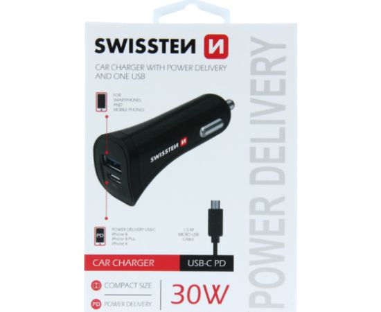 Swissten Power Delivery Автомобильная зарядка 12 / 24V / 2.4A / 30W + кабель Micro USB 1.5m