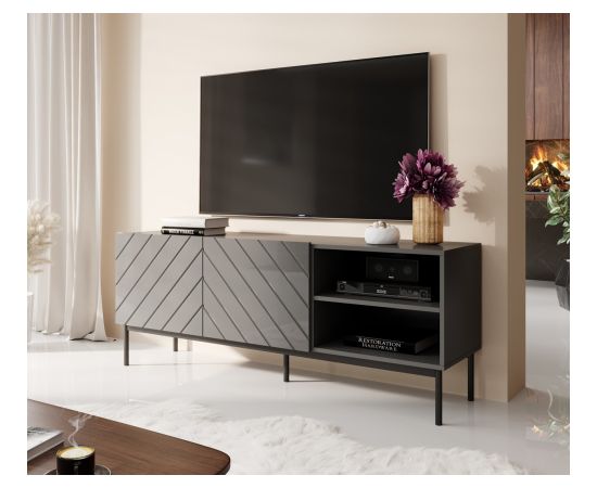 Cama Meble ABETO RTV cabinet on black steel frame 150x42x60 cm graphite/glossy graphite