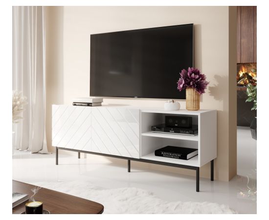 Cama Meble ABETO RTV cabinet on black steel frame 150x42x60 cm white/gloss white