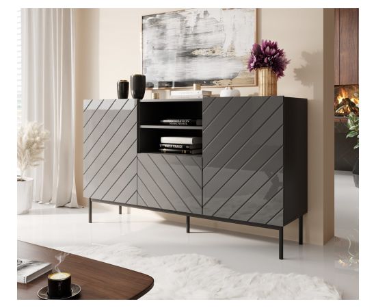 Cama Meble ABETO chest of drawers on black steel frame 150x42x90 graphite/glossy graphite