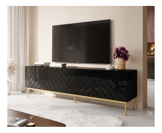 Cama Meble ABETO RTV cabinet on golden steel frame 200x42x60 black/gloss black