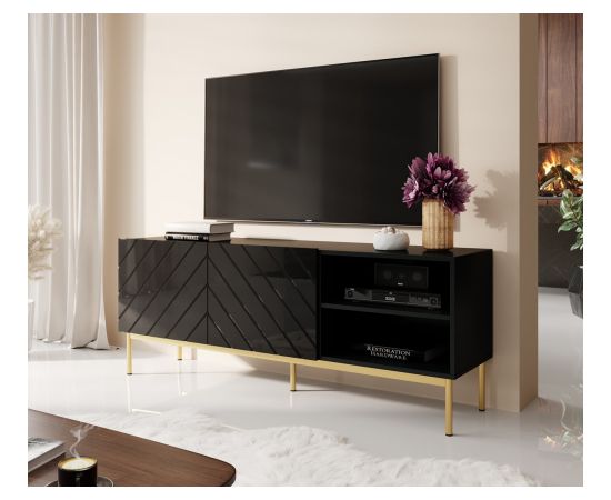 Cama Meble ABETO RTV cabinet on golden steel frame 150x42x60 black/gloss black