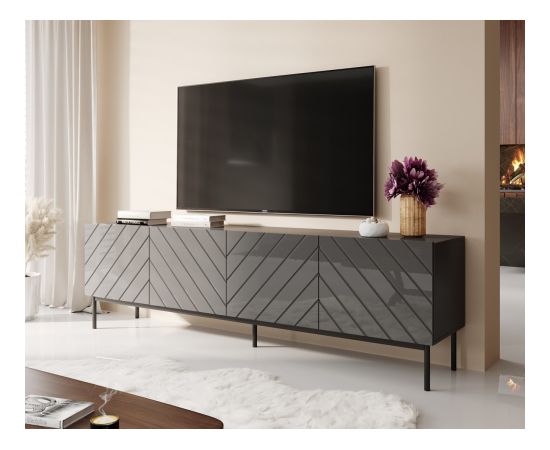 Cama Meble ABETO RTV cabinet on black steel frame 200x42x60 graphite/glossy graphite