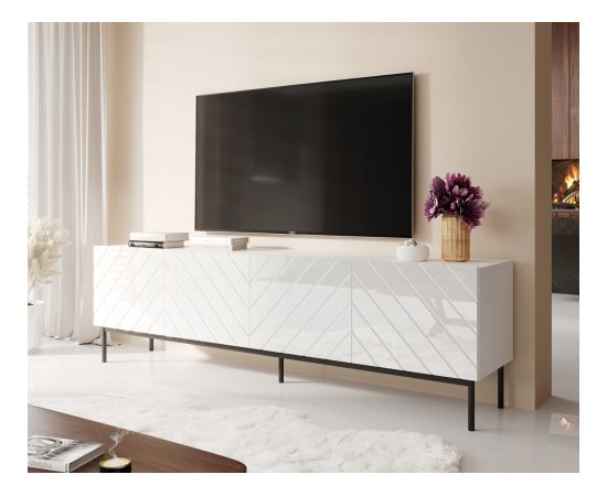 Cama Meble ABETO RTV cabinet on black steel frame 200x42x60 white/gloss white