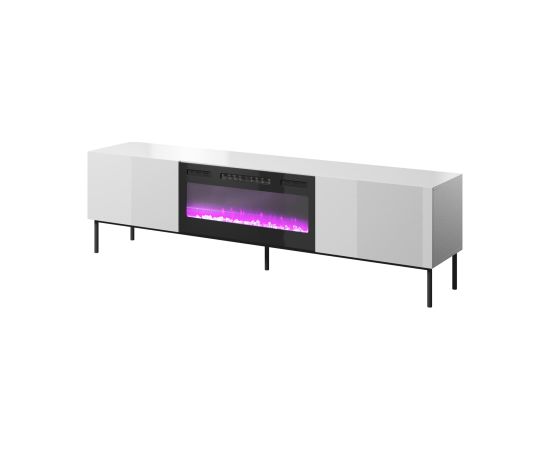 Cama Meble RTV SLIDE 200K cabinet with an electric fireplace on a black frame 200x40x57 cm all in white gloss