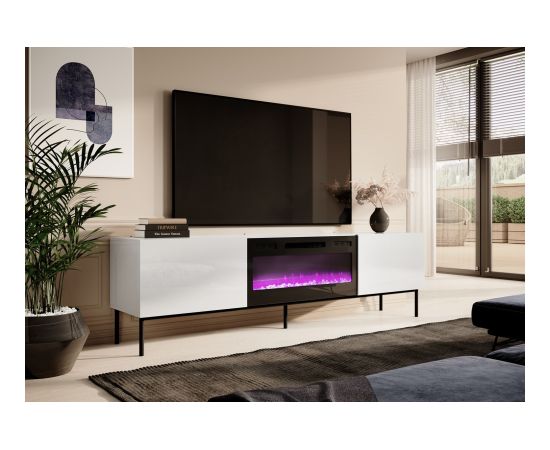 Cama Meble RTV SLIDE 200K cabinet with an electric fireplace on a black frame 200x40x57 cm all in white gloss