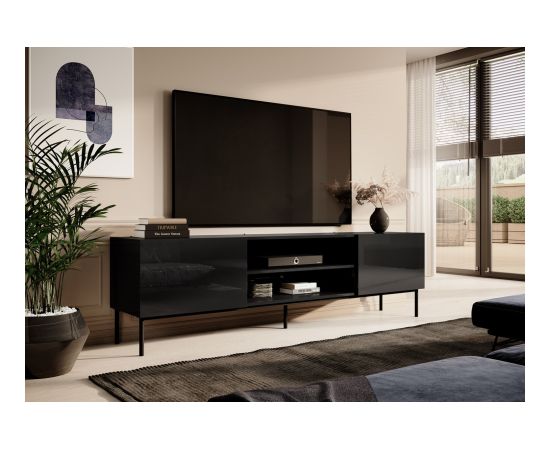 Cama Meble RTV SLIDE 200K cabinet on black steel frame 200x40x57 cm all in gloss black