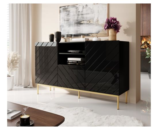 Cama Meble ABETO chest of drawers on golden steel frame 150x42x90 black/black gloss