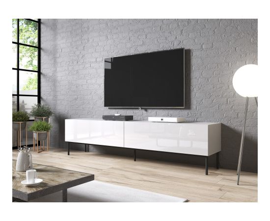 Cama Meble RTV SLIDE cabinet on black steel frame 200x40x50 cm all in gloss white