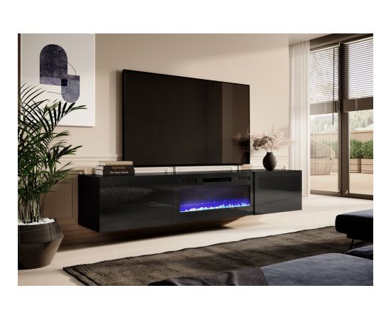 Cama Meble RTV cabinet SLIDE 200K with electric fireplace 200x40x37 cm all in gloss black